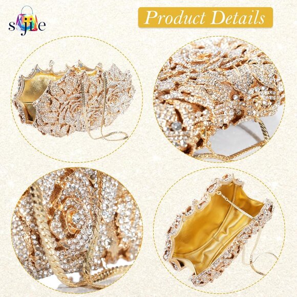 ⚡ Women's Rhinestone Sparkly Handmade Glitter Diamond Flower Gold Clutch Bag - Picture 4 of 6